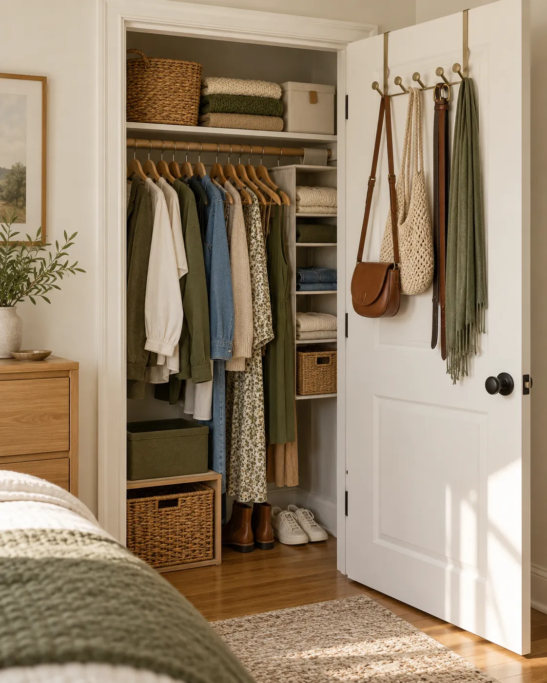 Over-door hooks holding belts and light bags on a closet door
