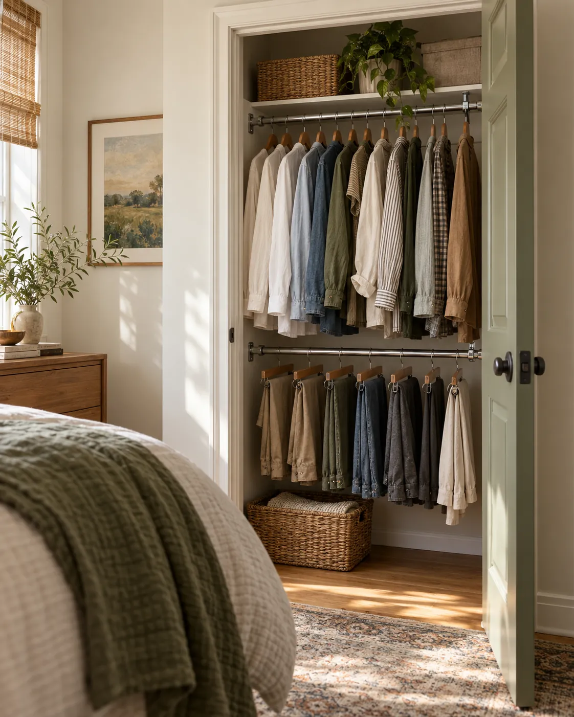 Two levels of hanging clothes in a narrow reach-in closet
