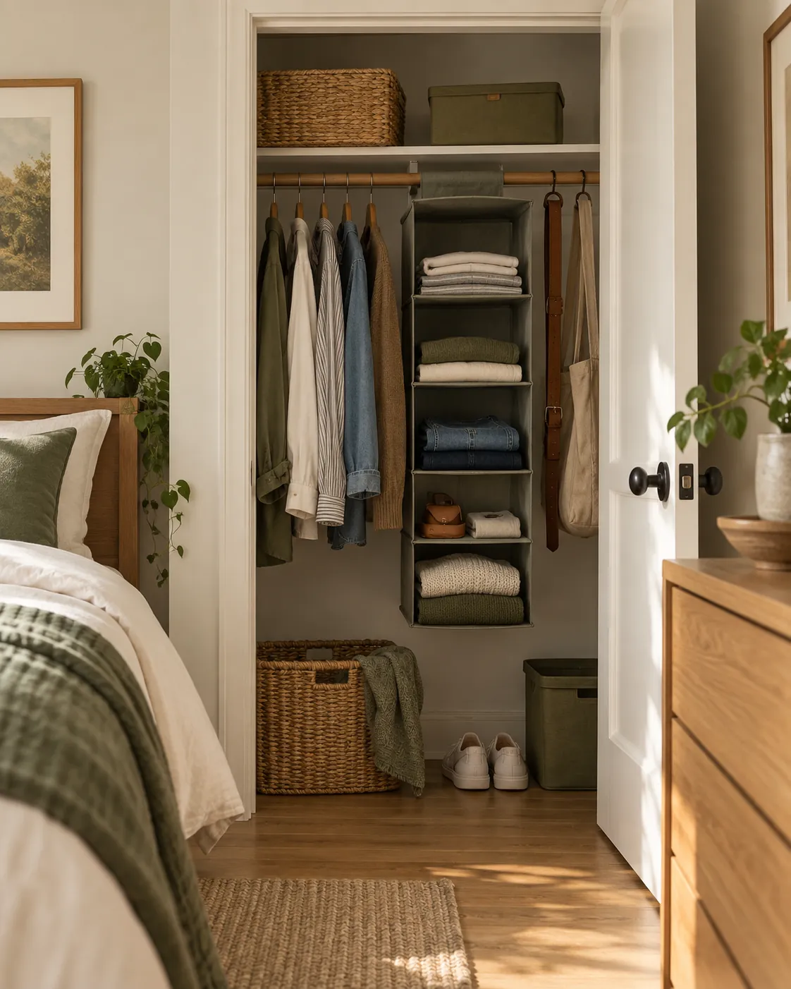 Fabric hanging organizer with folded clothing in an apartment closet