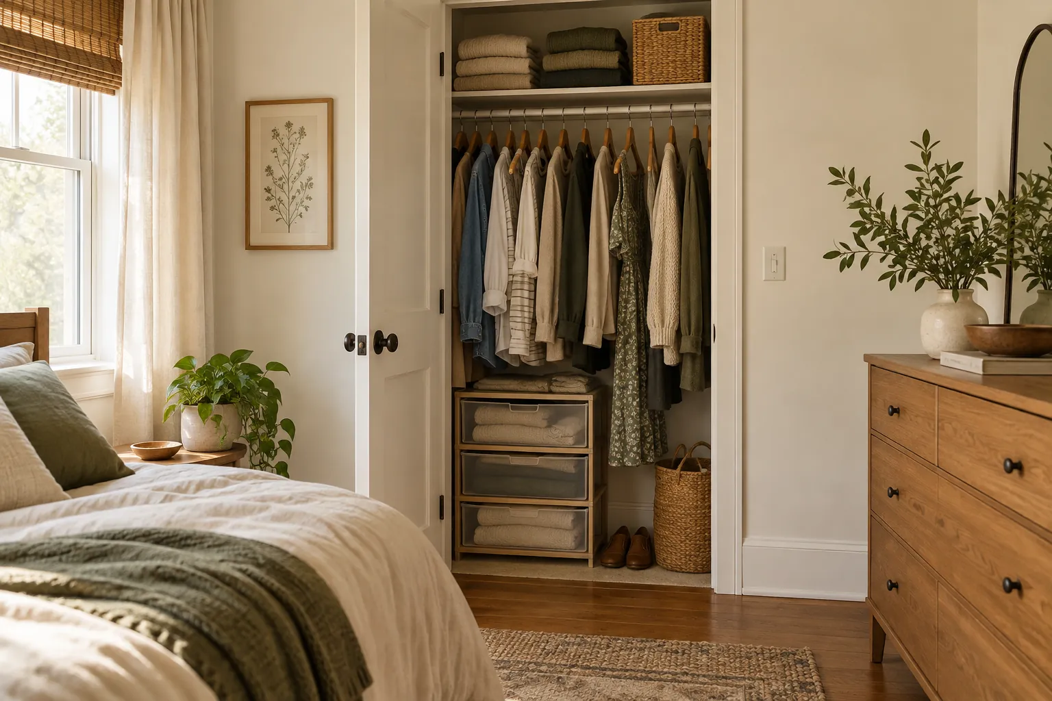 Small organized apartment closet with hanging clothes, folded garments and compact floor storage