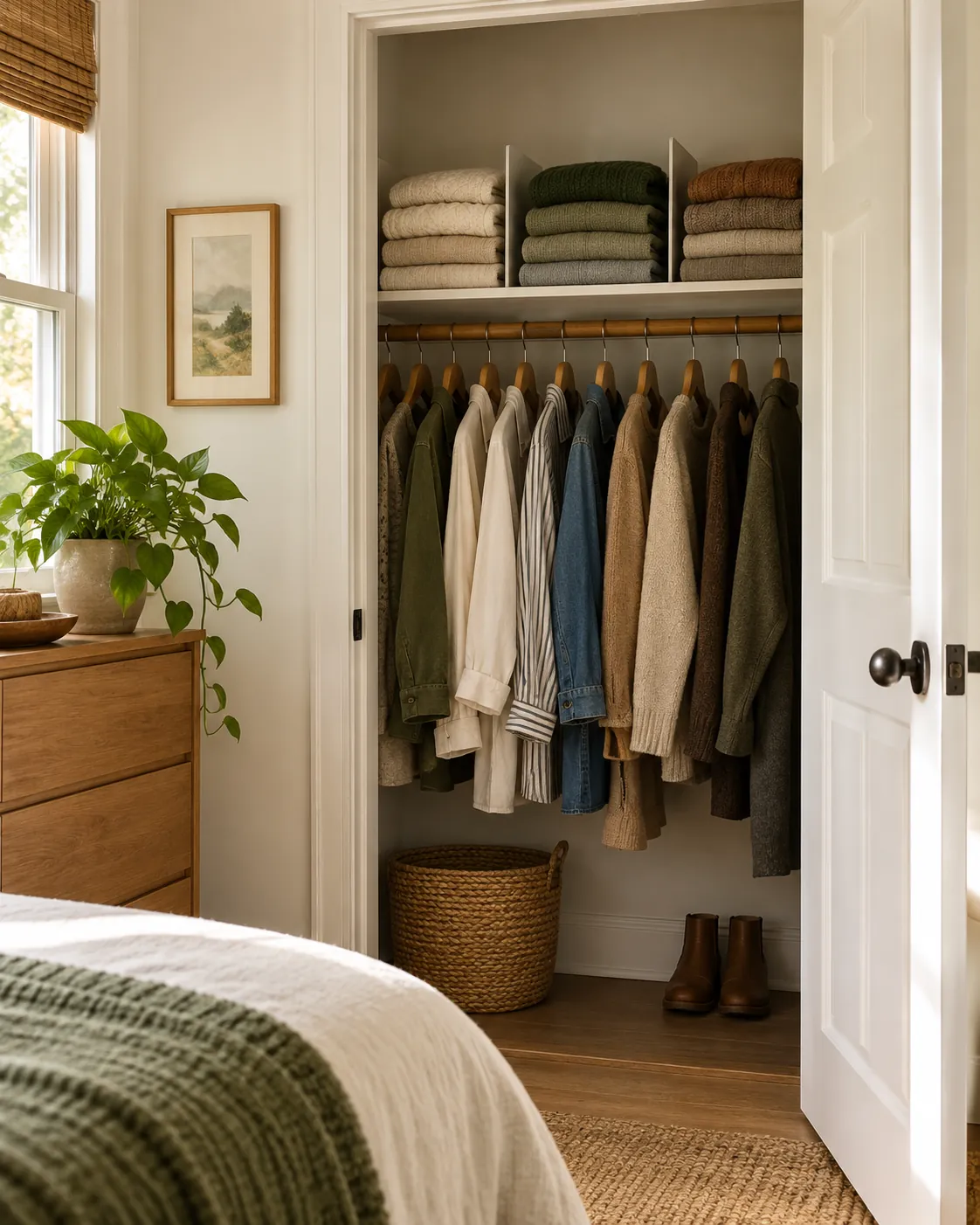Closet shelf dividers separating folded sweater stacks