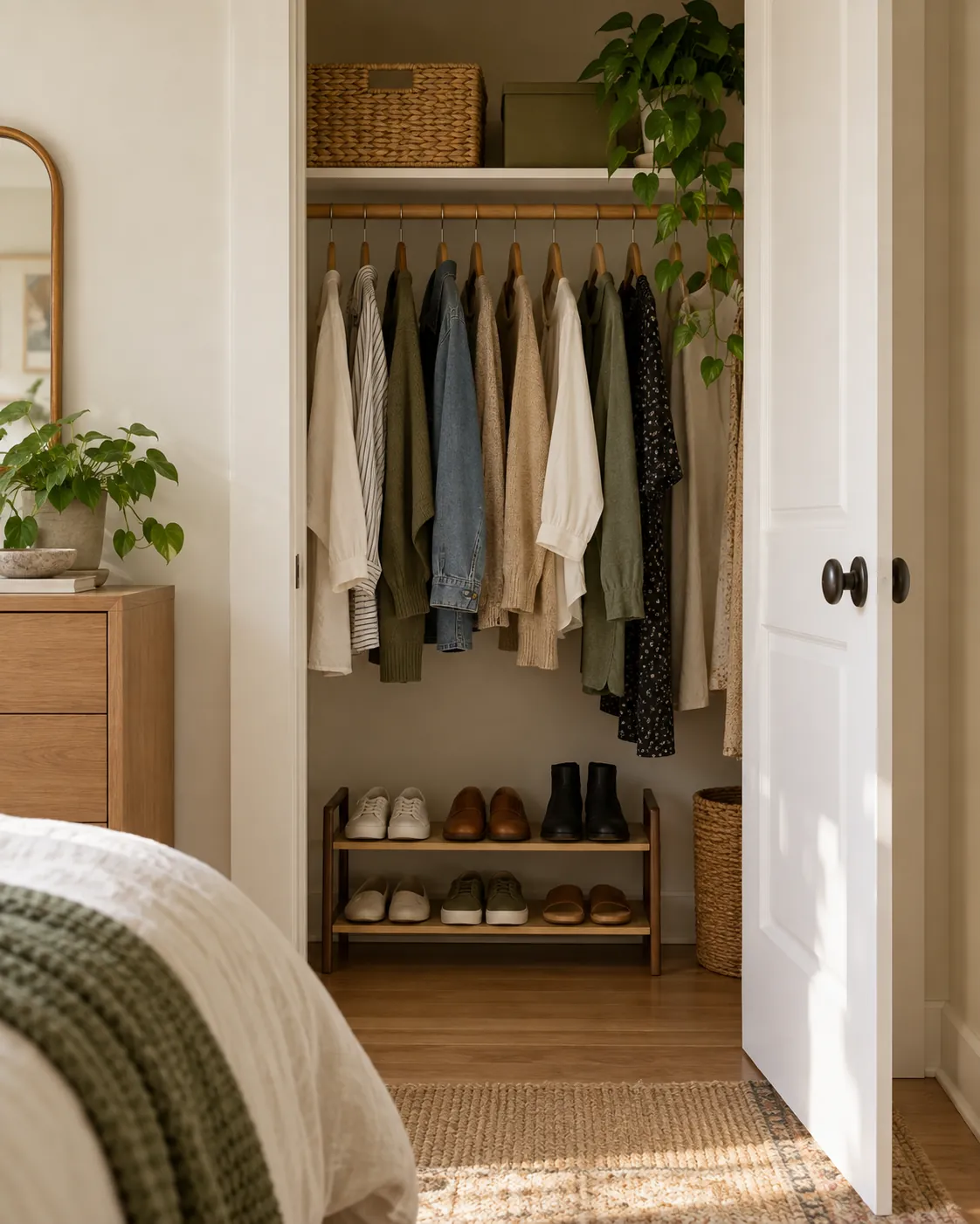Low two-tier shoe rack inside a narrow bedroom closet