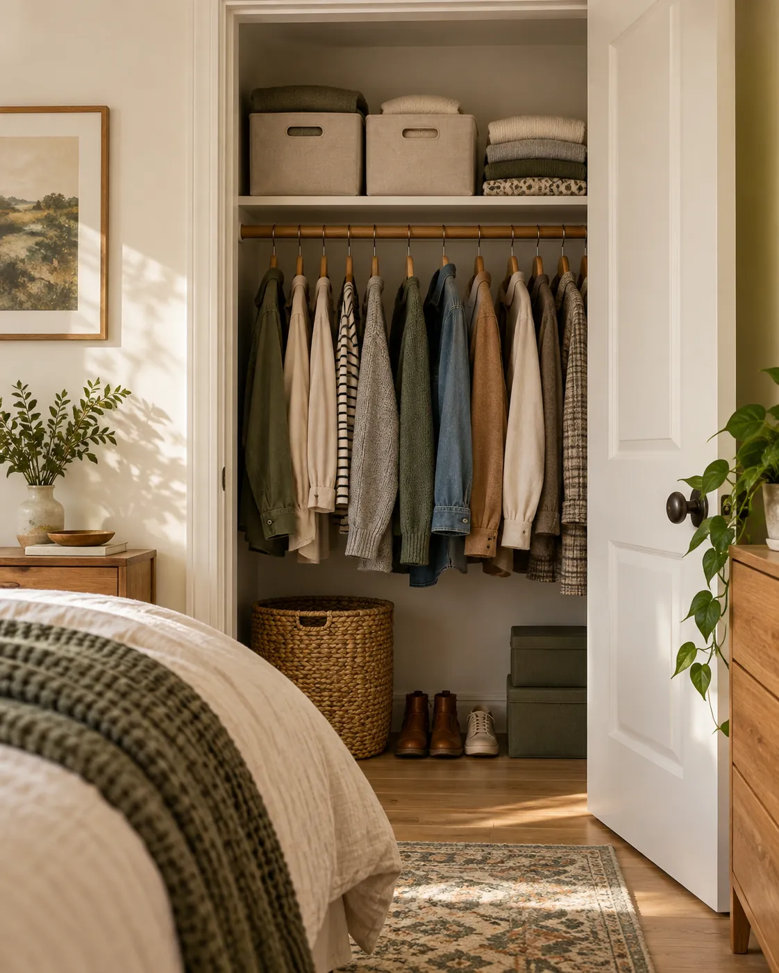 Top shelf with fabric bins and folded sweaters in a small apartment closet
