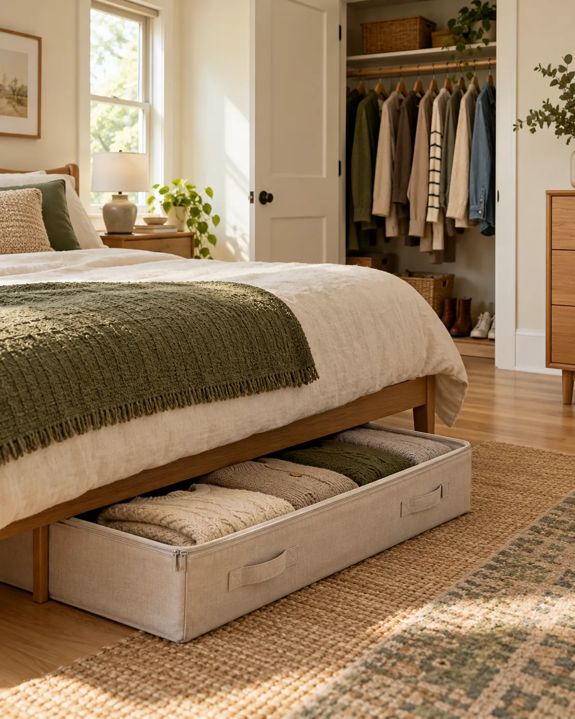 Covered under-bed storage case with folded seasonal clothes