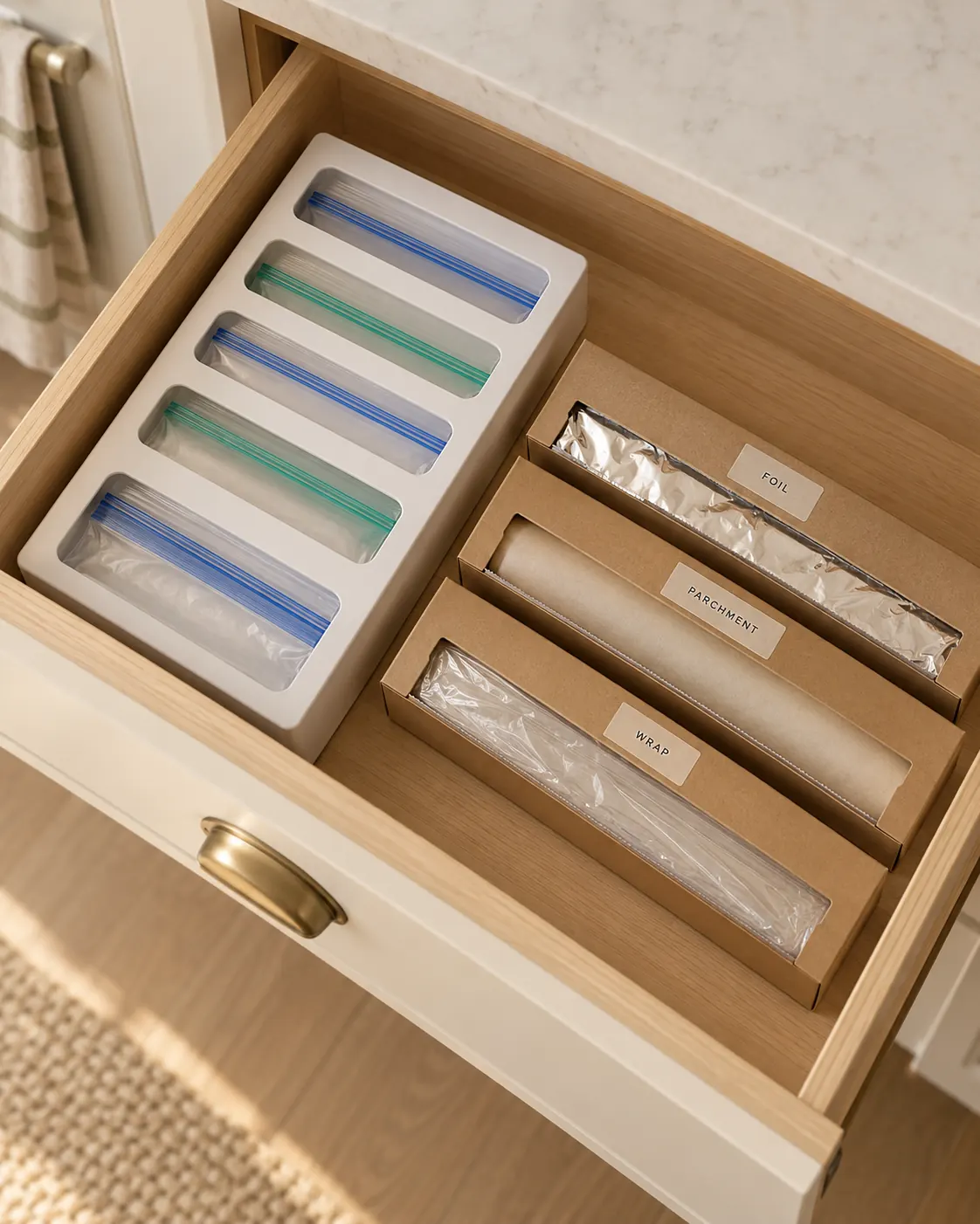Food storage bag dispenser beside original kitchen wrap boxes