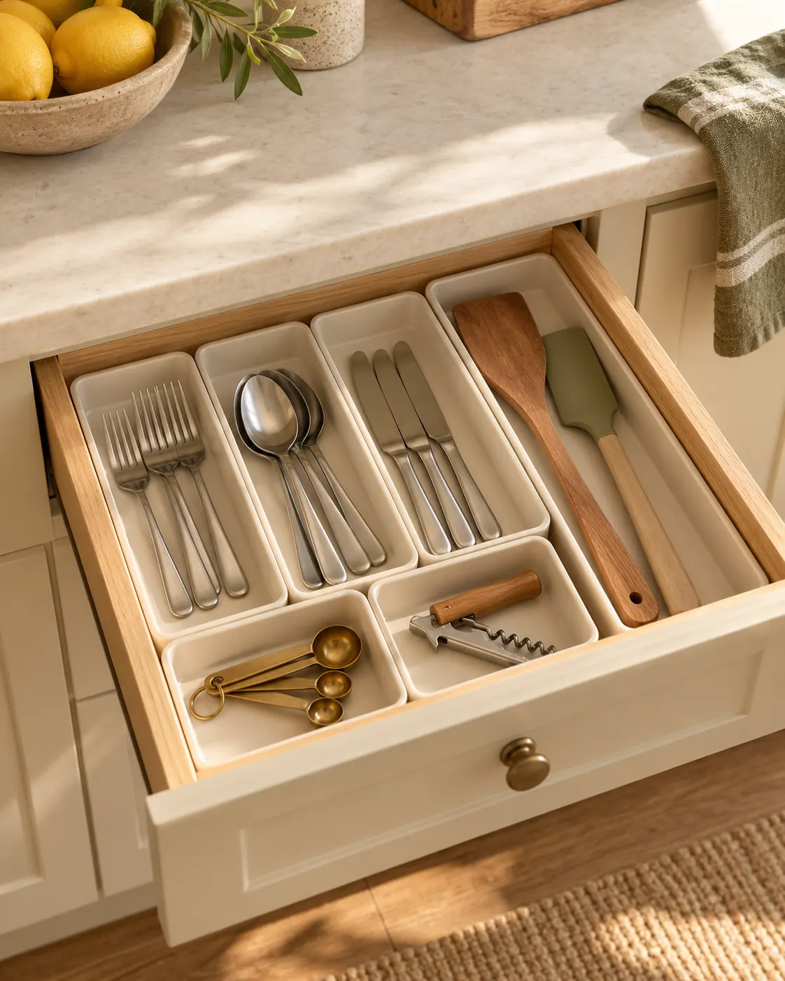 Organized kitchen drawer with cutlery and utensils