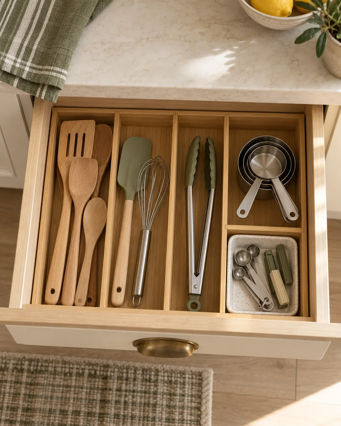 Cooking utensils grouped between bamboo drawer dividers