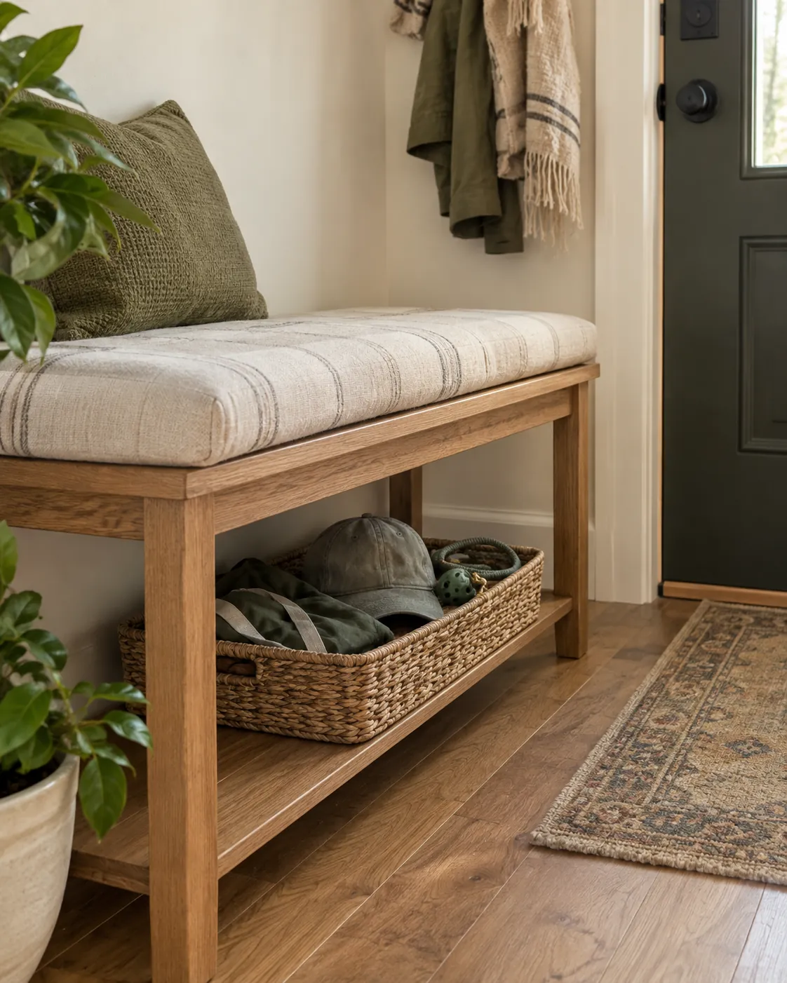 Basket under a narrow entryway bench holding a cap, reusable bag and dog walking items