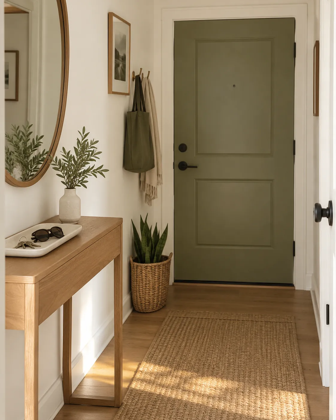 Shallow tray with keys and sunglasses on a slim entry console near the front door