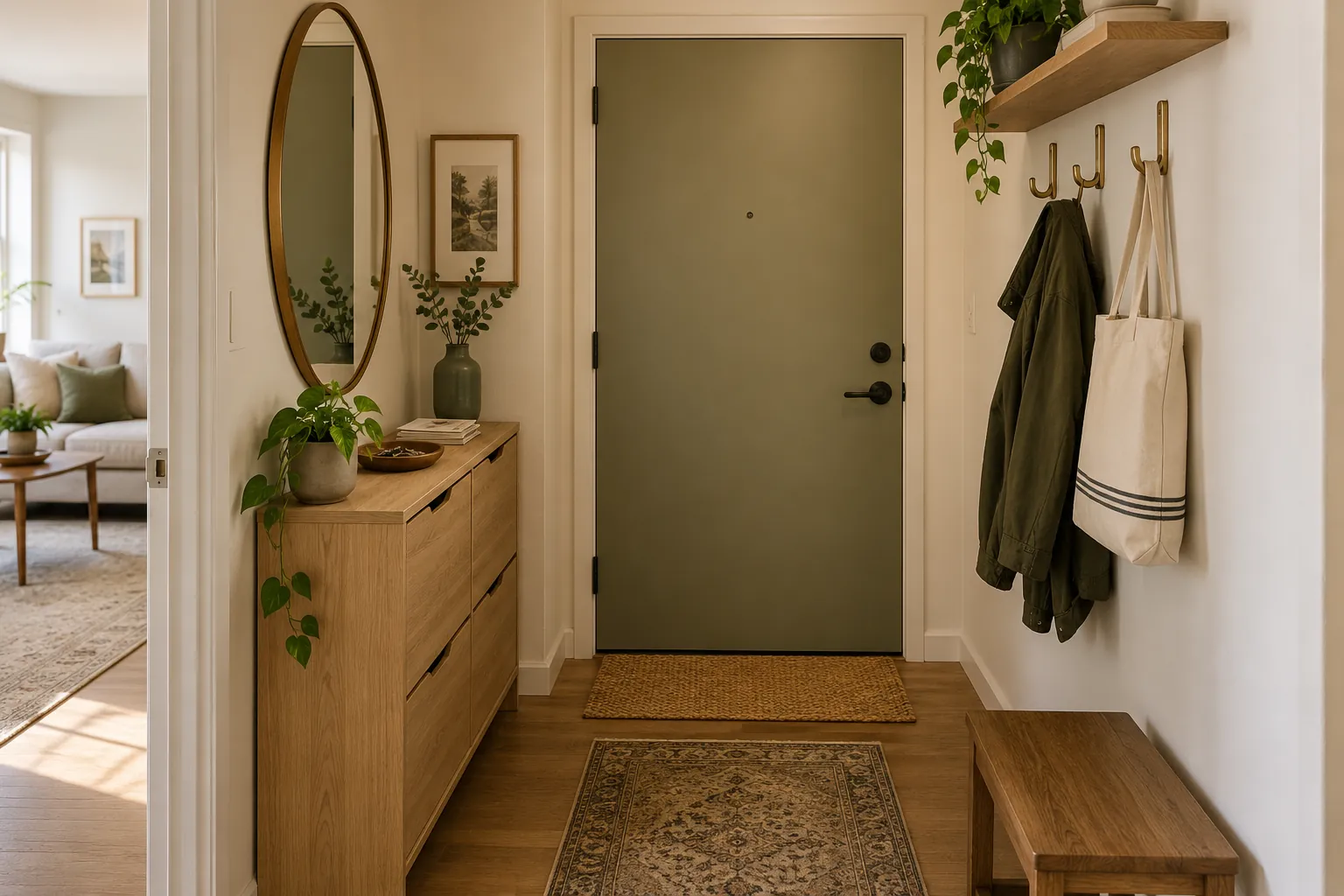 Warm apartment entryway with slim shoe storage, a mirror, wall hooks and a clear walking path