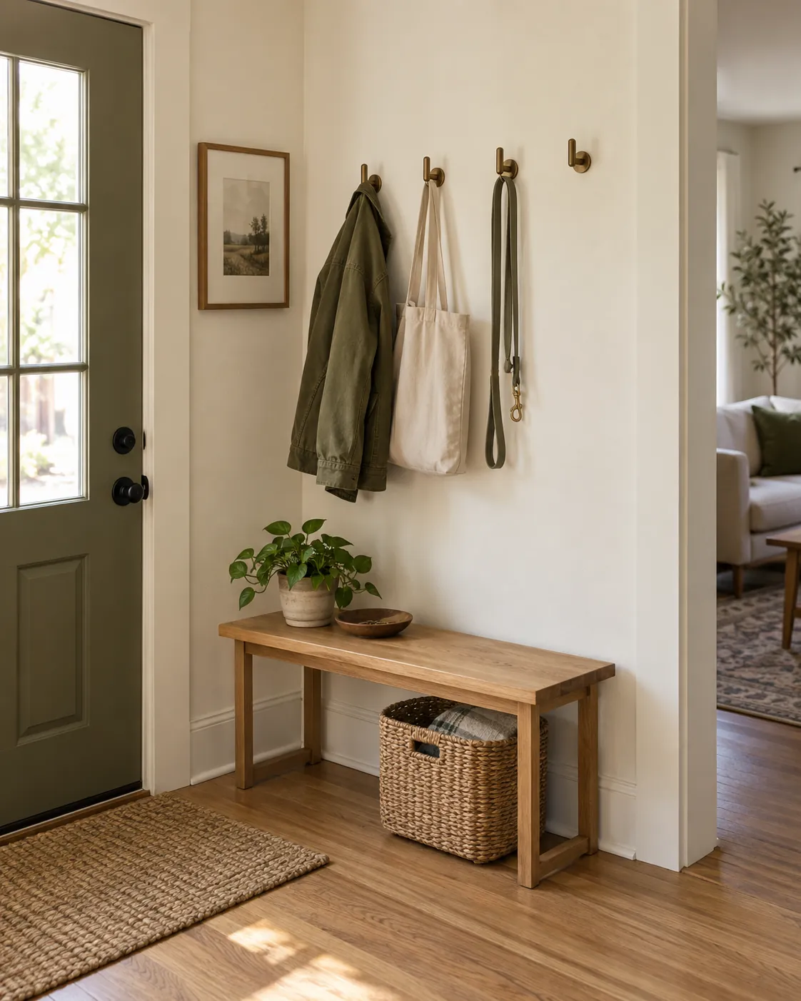 Apartment entry wall hooks holding a jacket, tote and dog leash