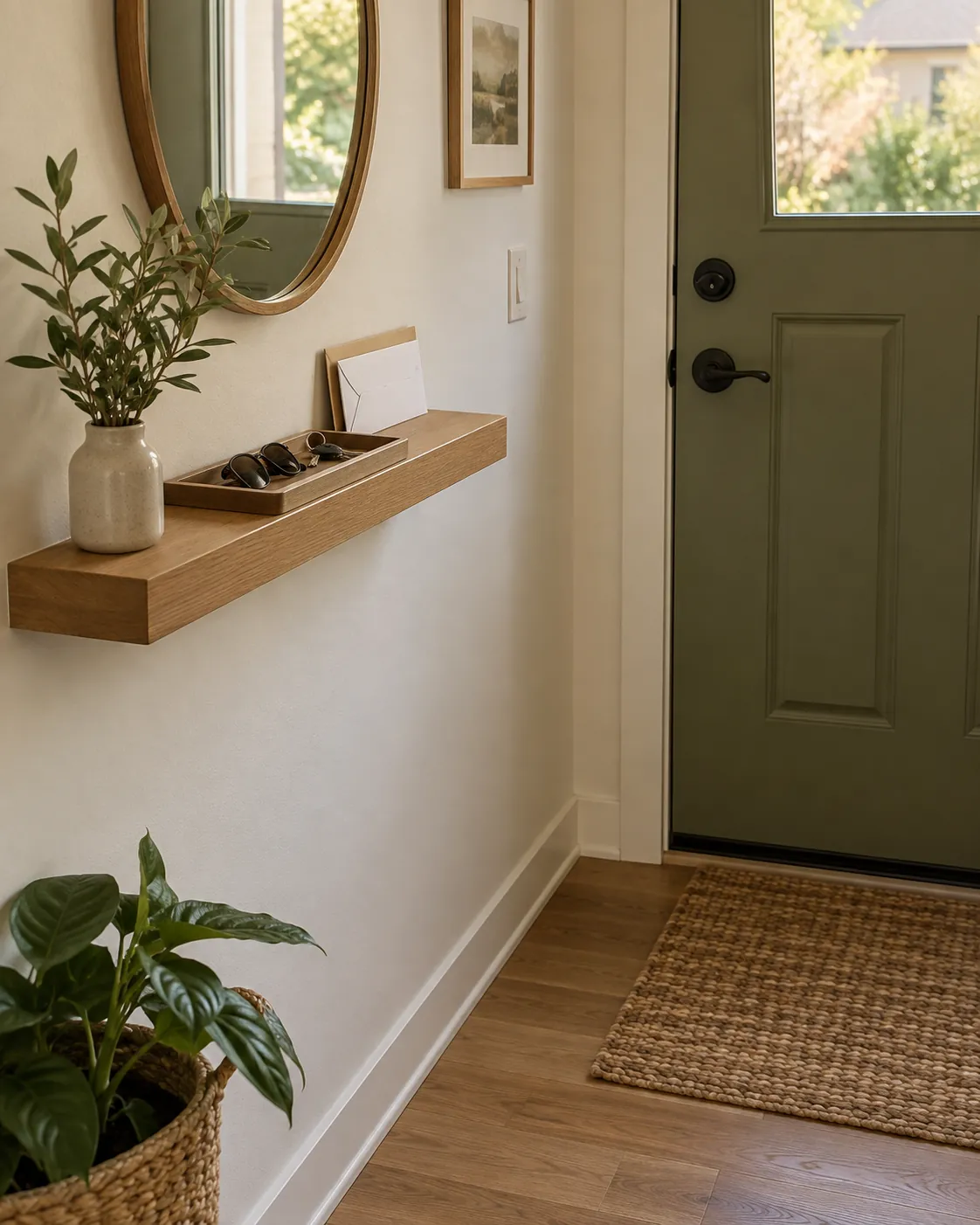 Shallow oak entryway shelf with a tray for keys, sunglasses and two pieces of mail
