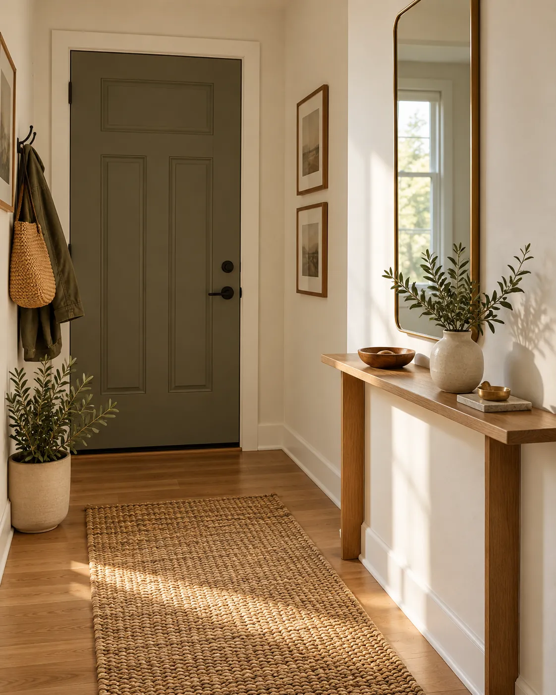 Tall narrow mirror above an oak entryway console in a compact apartment