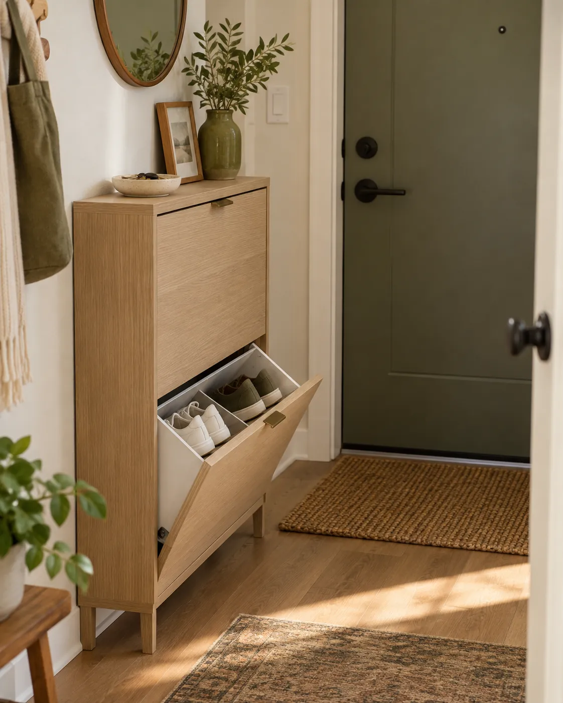 Slim oak shoe cabinet beside a front door with two everyday pairs visible inside