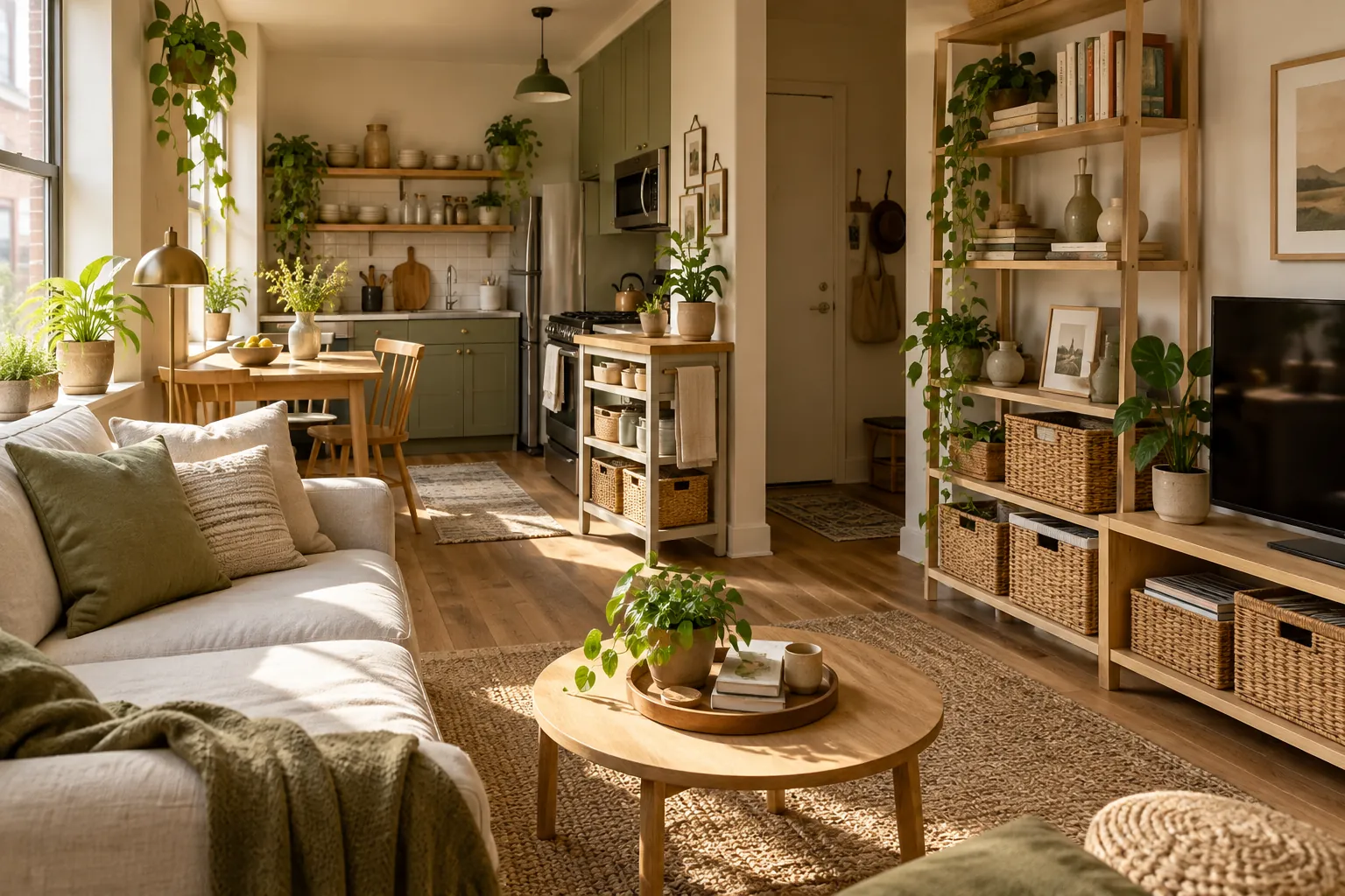 Warm compact home with practical baskets and organized shelves