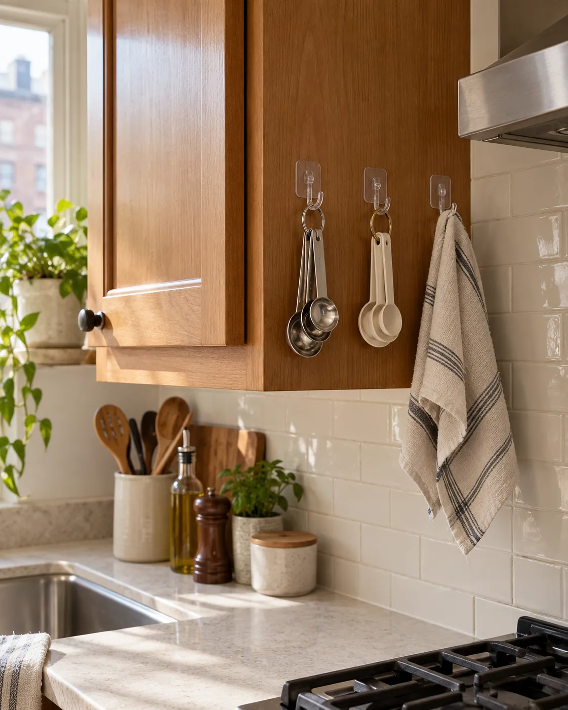 Adhesive hooks grouping lightweight measuring tools beside a kitchen cabinet