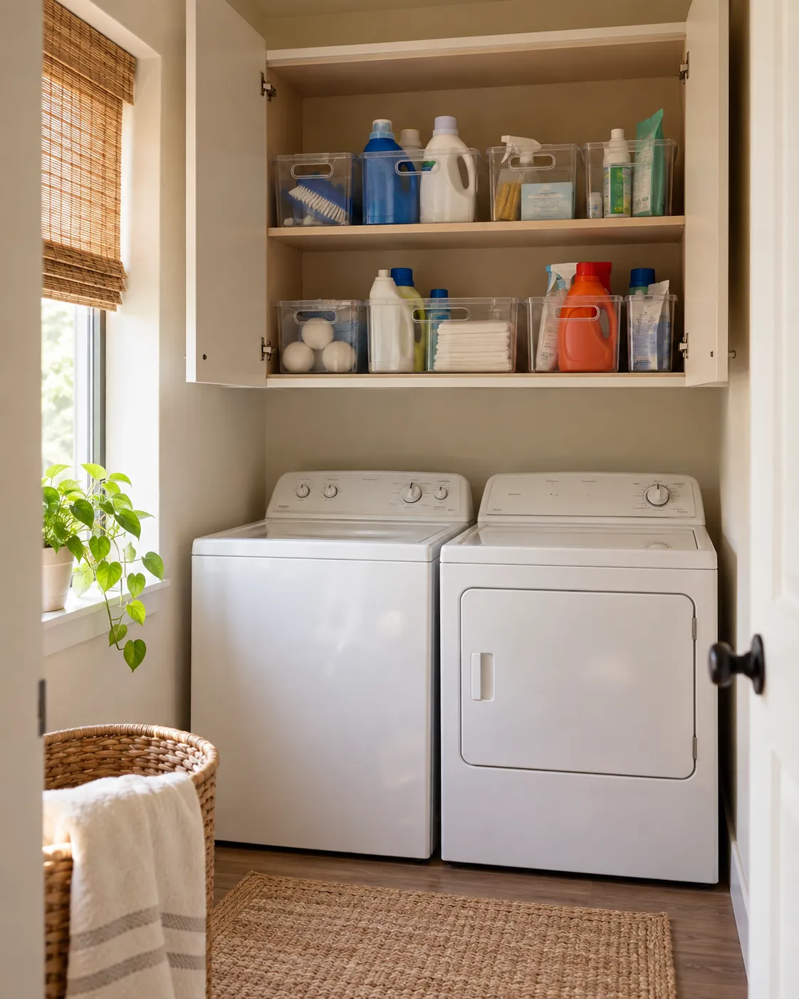 Handled bins grouping household supplies