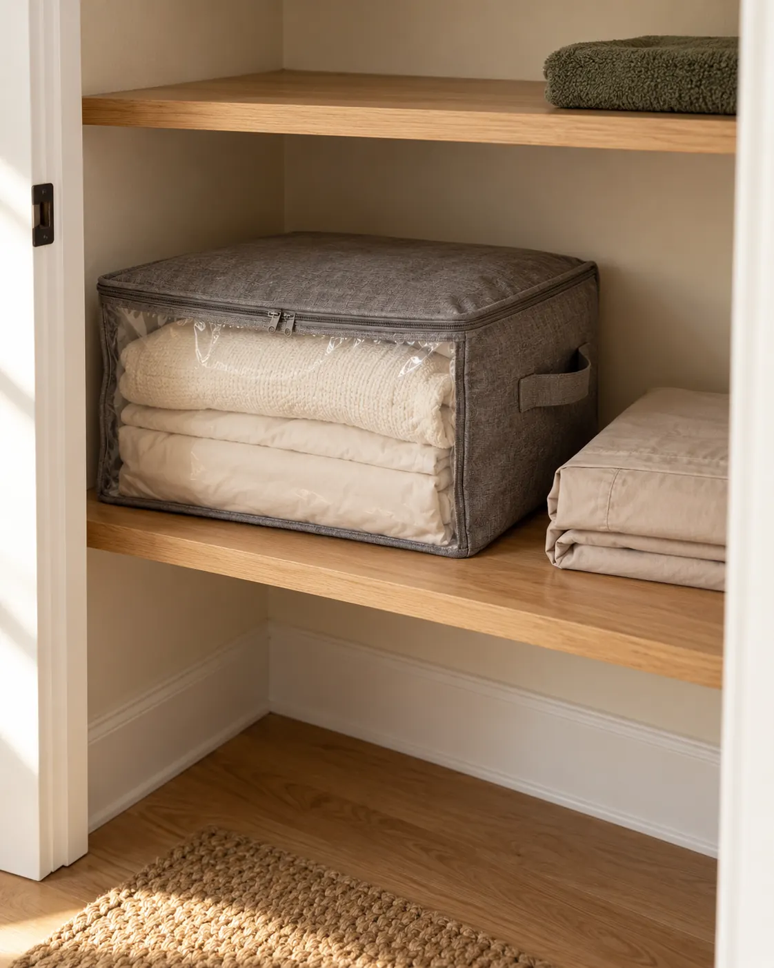 Zippered fabric bedding bag on a closet shelf with room around it