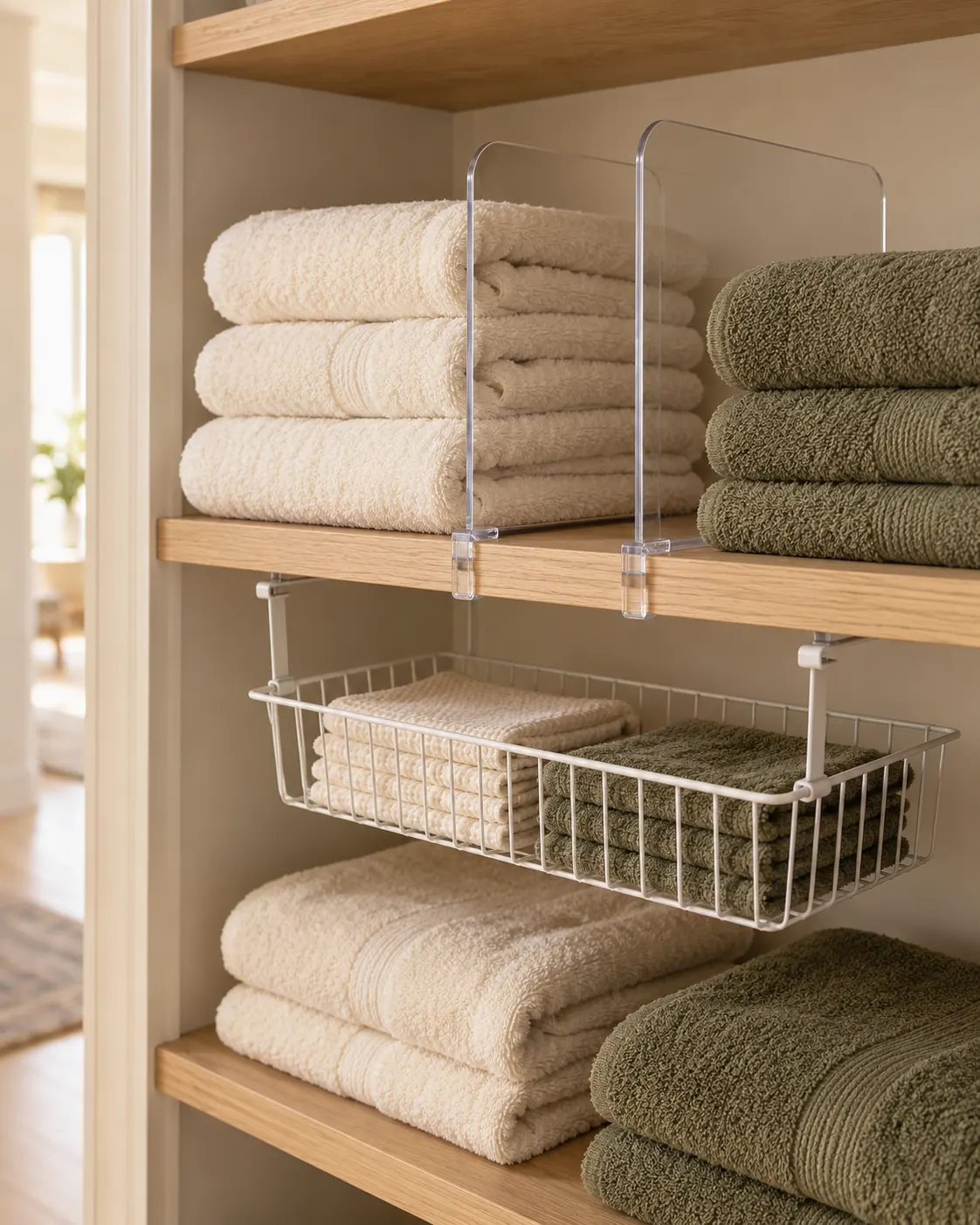 Clear acrylic shelf dividers separating folded towels