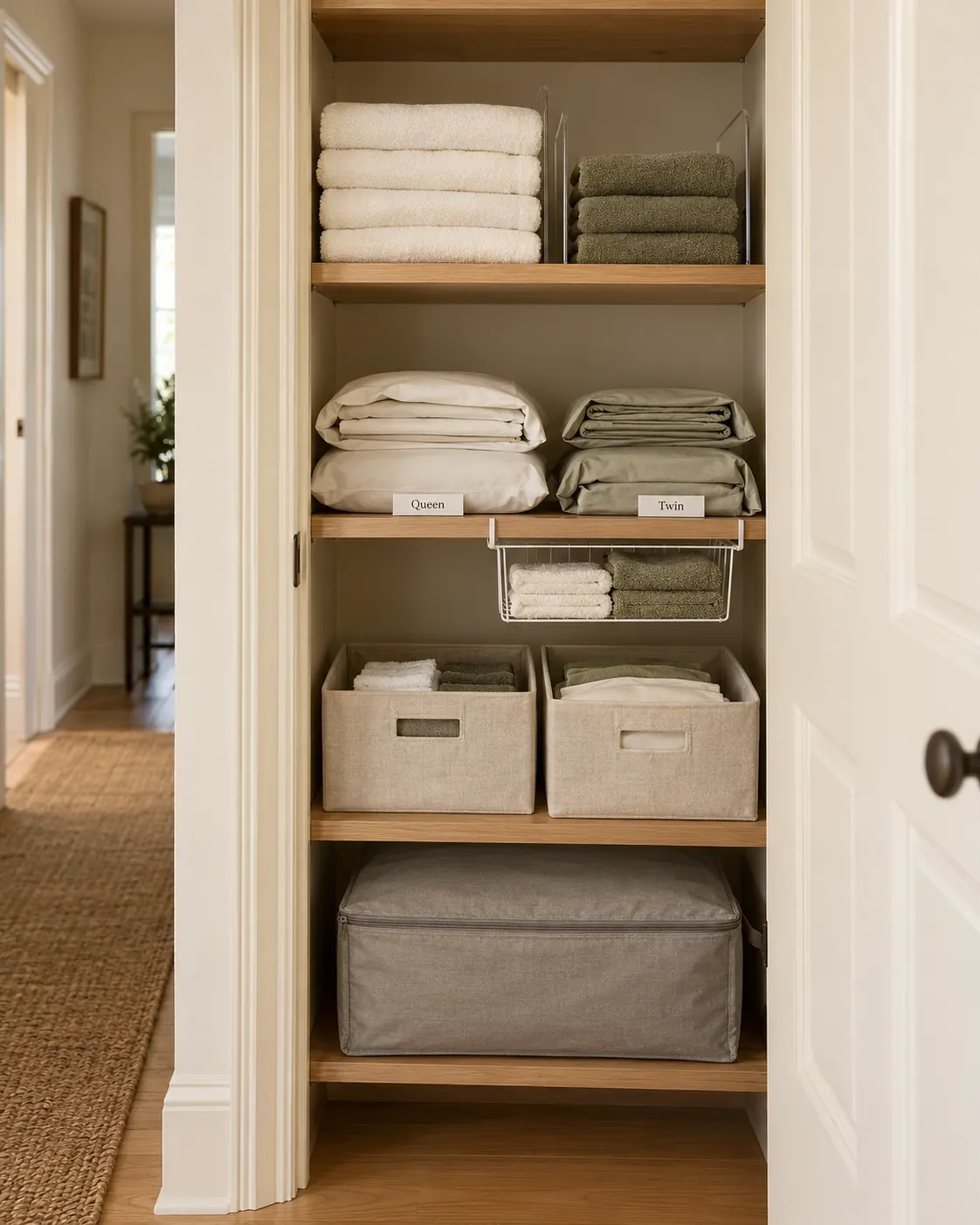 Linen closet with folded towels and organized sheet sets