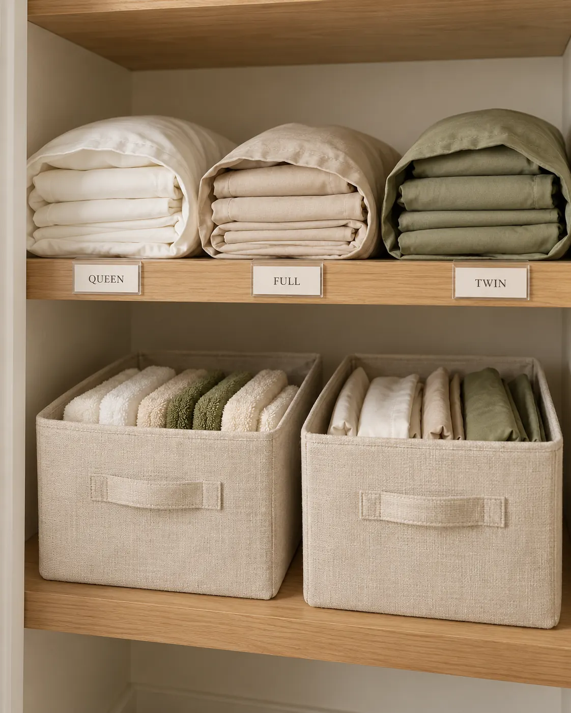 Folded sheet sets bundled in pillowcases with bed-size labels