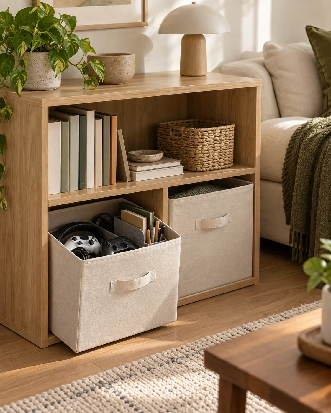 Low oak bookcase with books and beige fabric bins