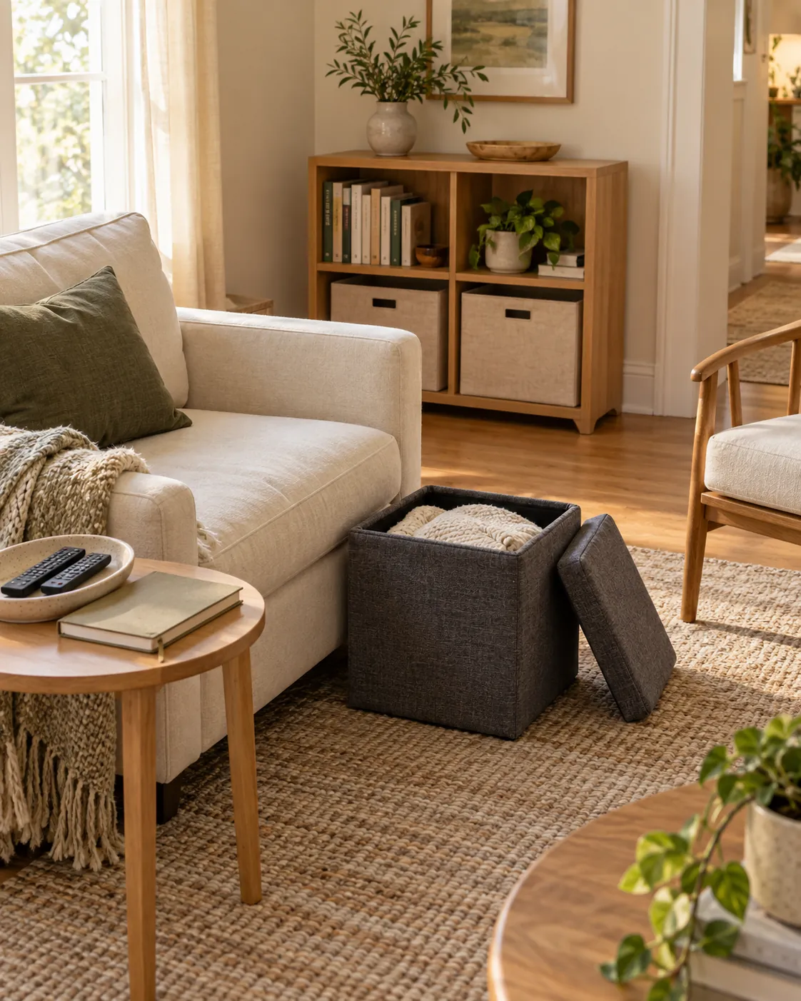 Small living room with blanket storage and shelf bins