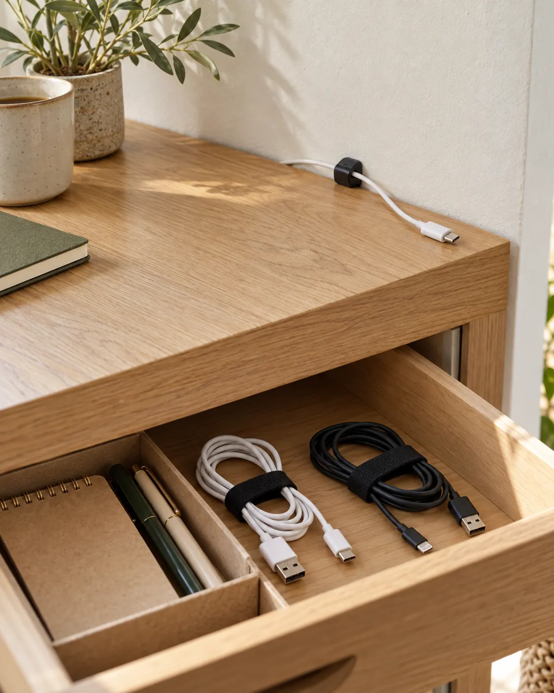 A charging cable held at the rear edge of an oak desk