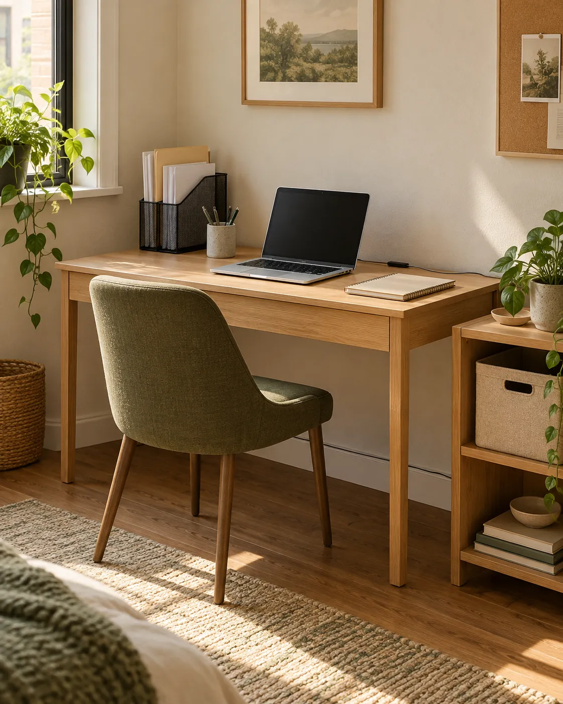 Small home office with an oak desk and organized paperwork