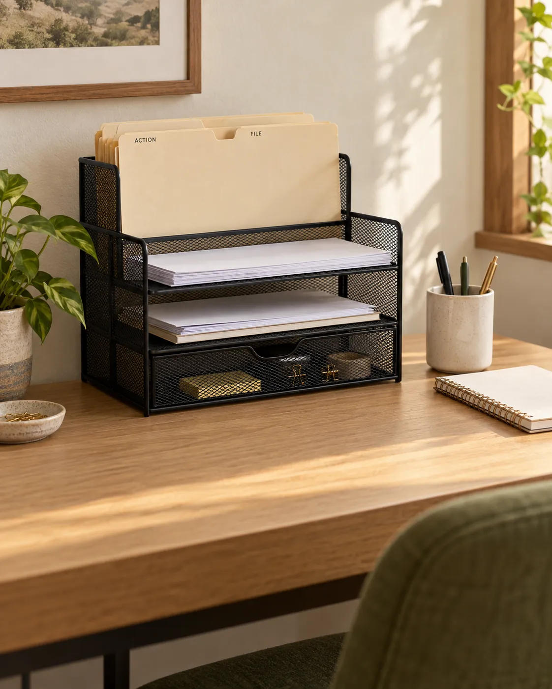 Black mesh paper organizer with labeled Action and File folders