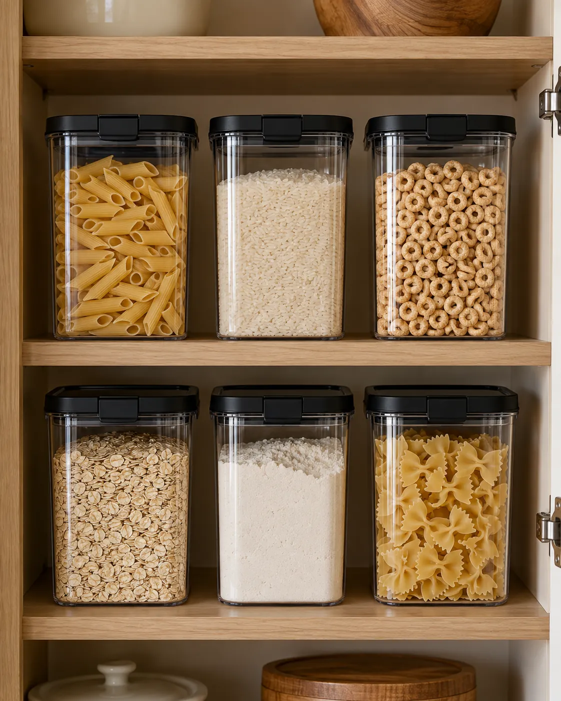 Clear pantry canisters with black lids holding dry ingredients