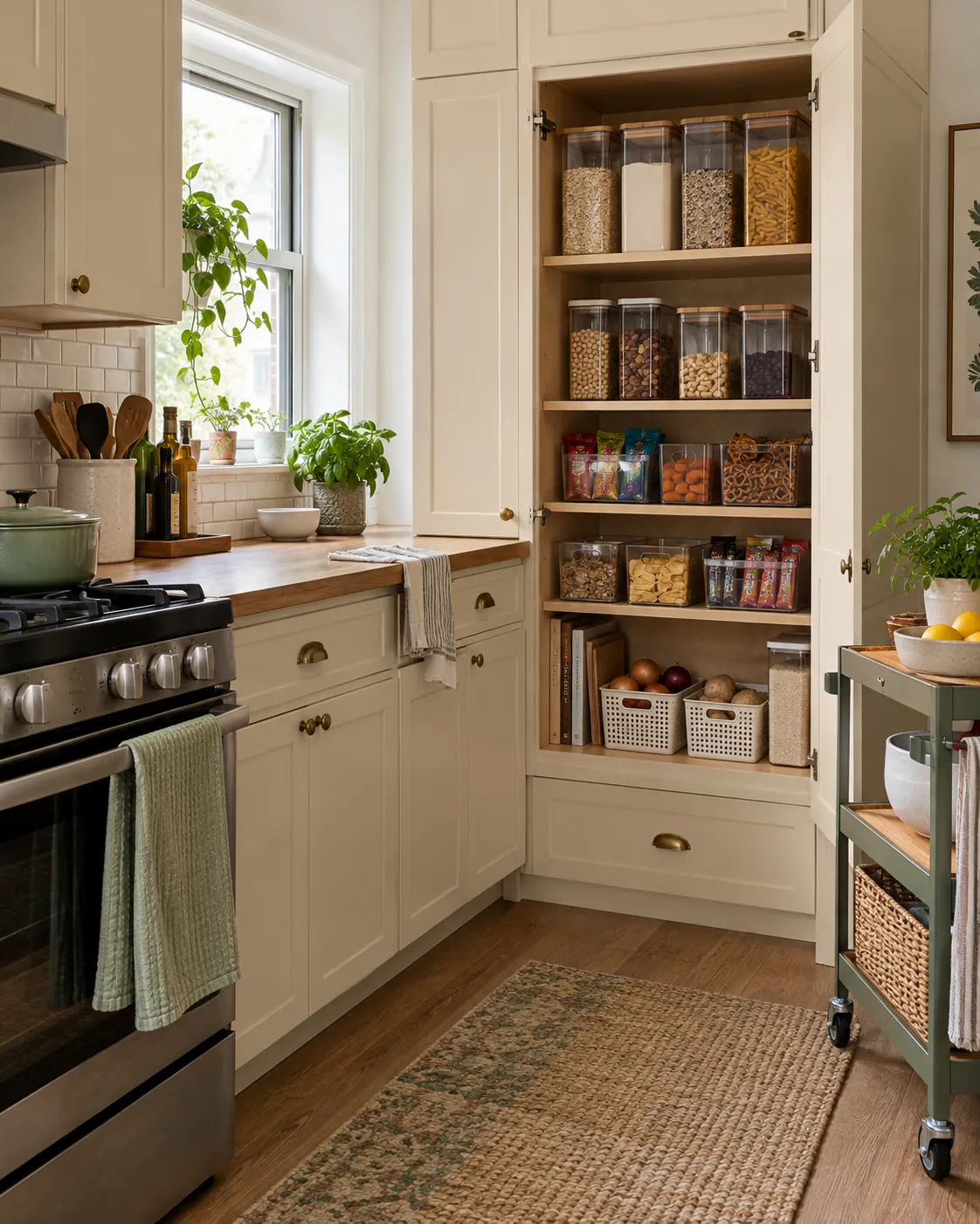 Small pantry cabinet with grouped food and clear canisters