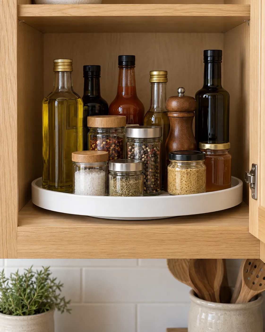 Single-tier pantry turntable with condiment bottles and jars