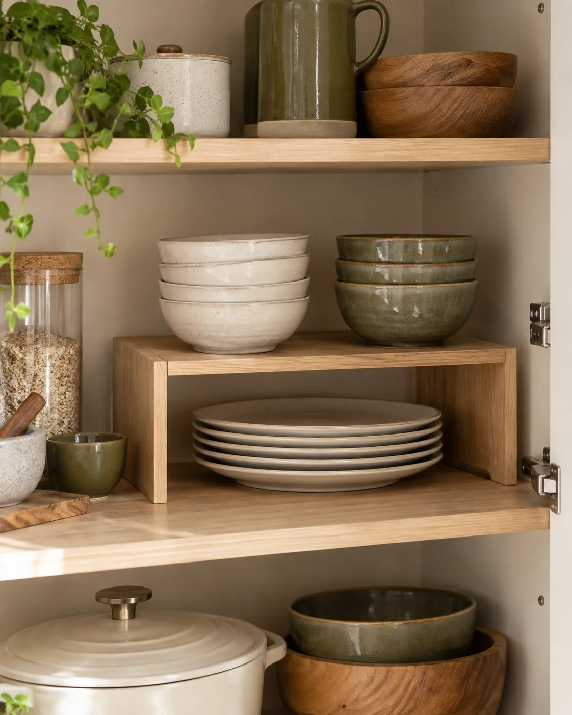 Shelf riser creating a second level inside a kitchen cabinet