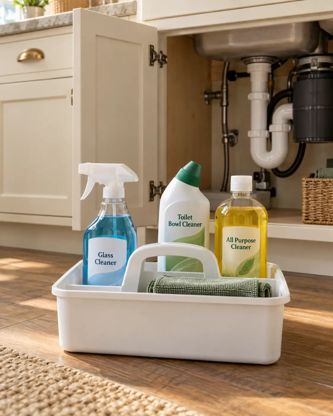 Handled cleaning caddy with original labeled bottles and cloths