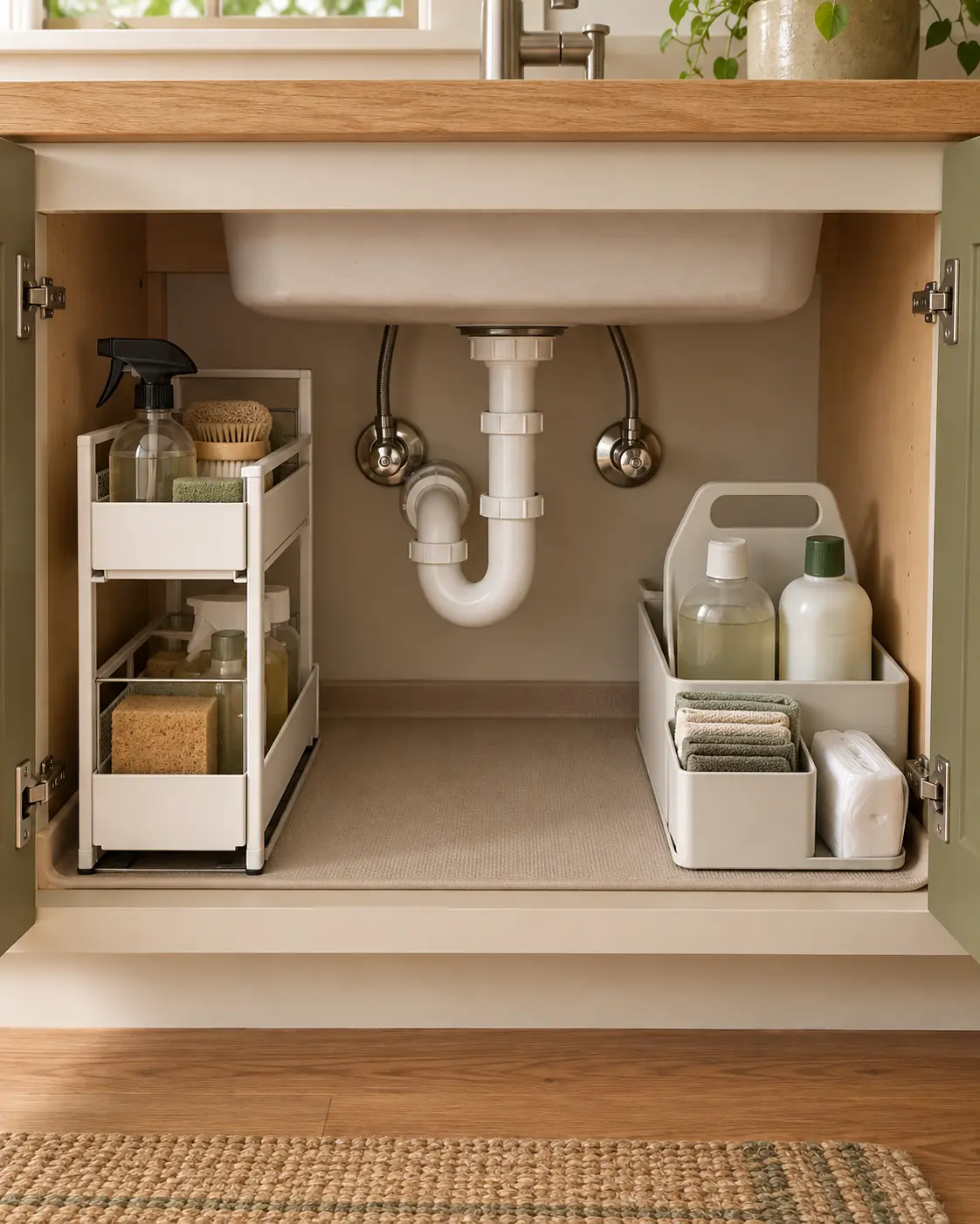Kitchen sink cabinet organized around plumbing