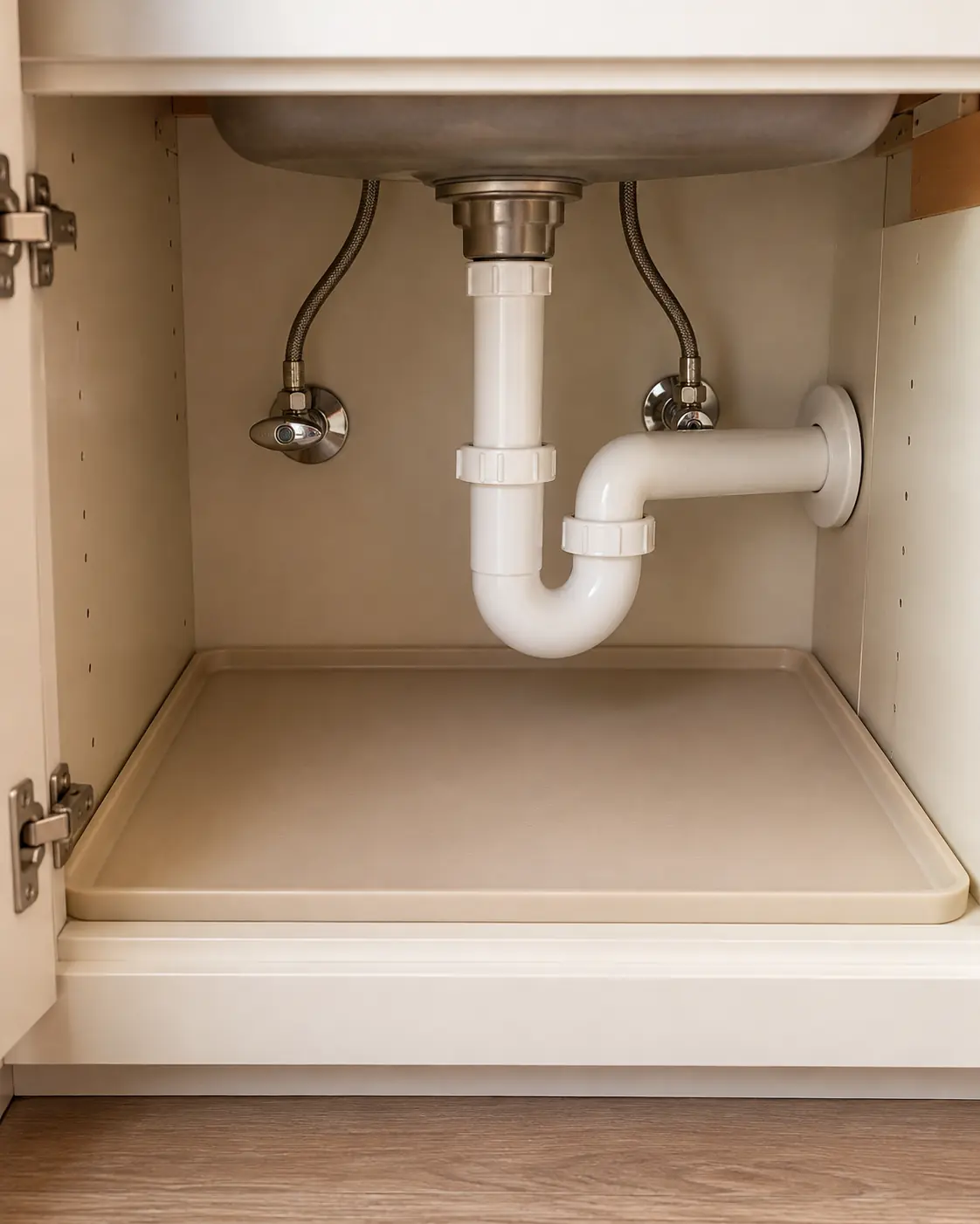 Empty under-sink cabinet with a mat and accessible drain pipes