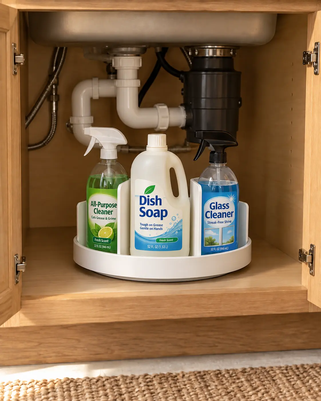 White under-sink turntable with dividers holding labeled cleaning bottles