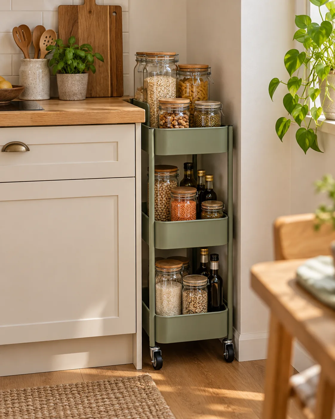 Narrow rolling cart holding kitchen and pantry supplies
