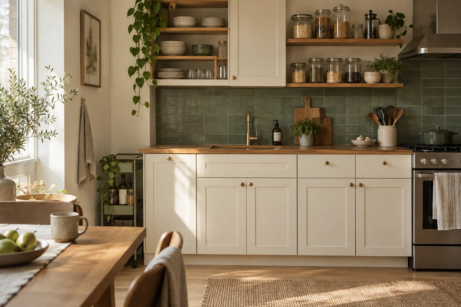 Warm, compact kitchen with organized open shelves, pantry jars, and a slim rolling cart