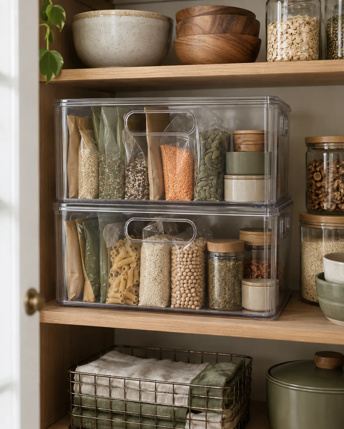 Grouped pantry supplies in stackable bins