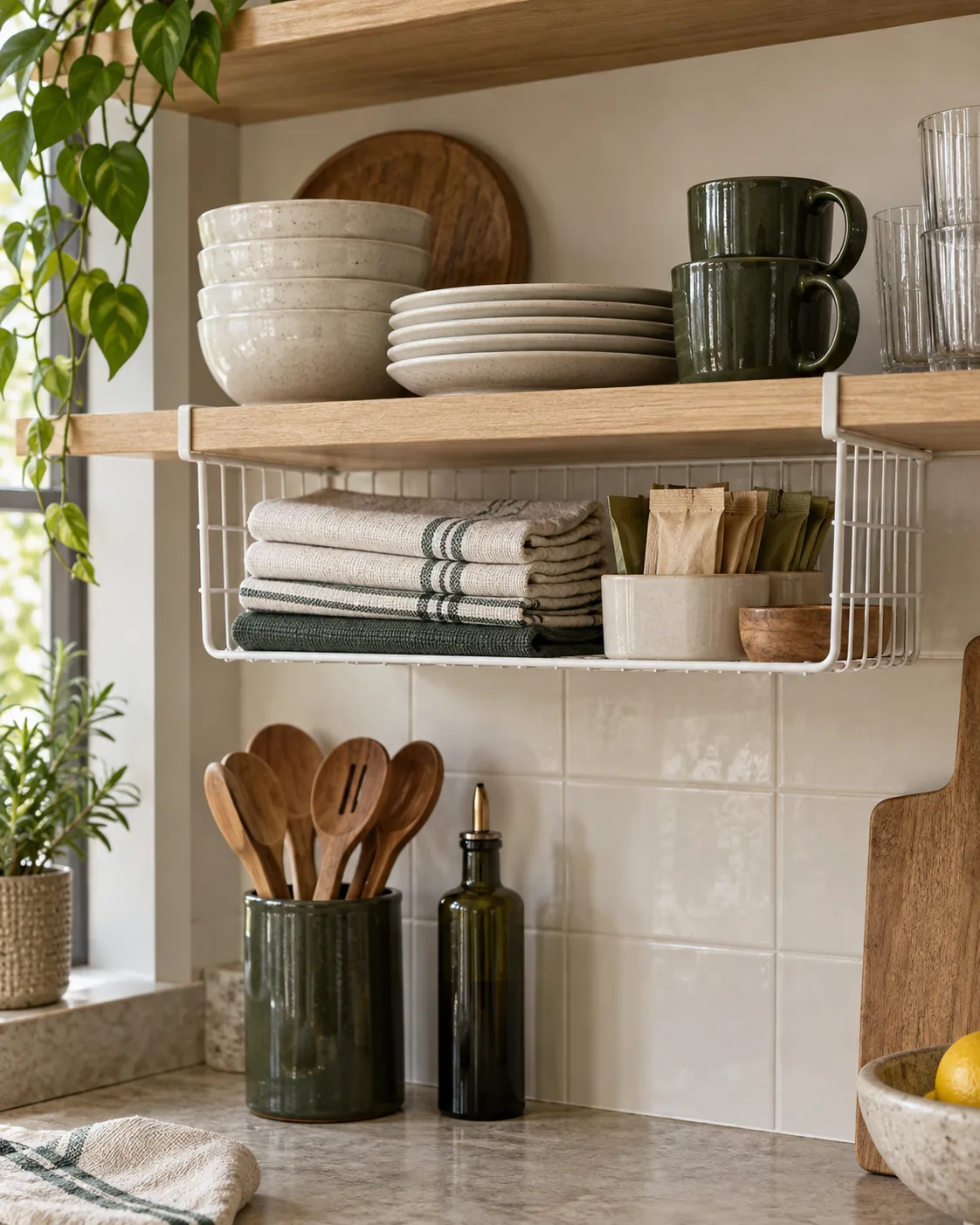 Wire basket hanging below a kitchen shelf for small supplies